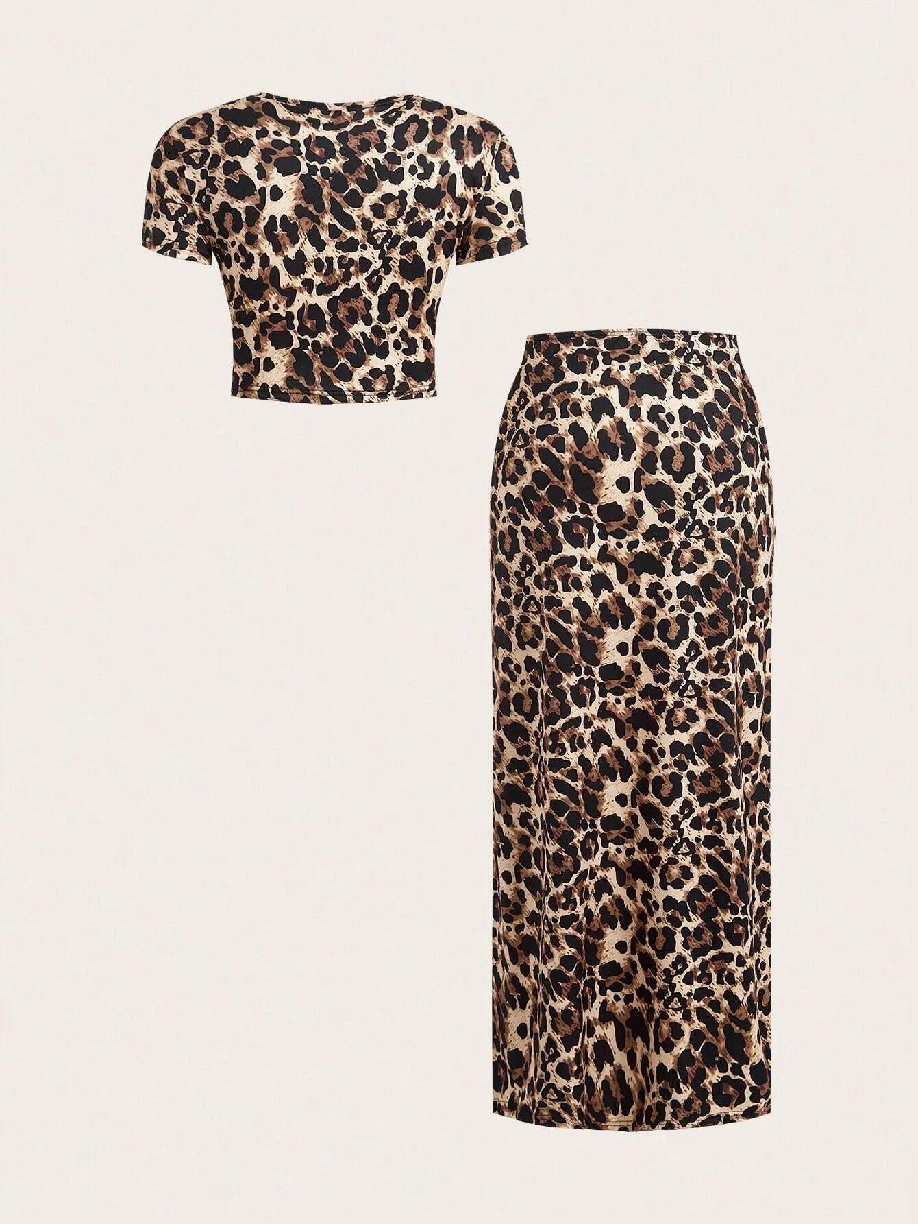 2pcs Women Casual Leopard Print Round Neck Blouse And Skirt Set