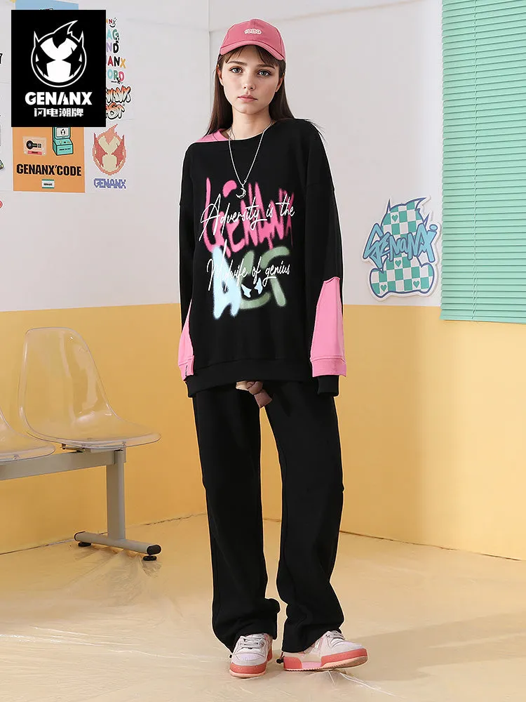 Black and pink color irregular patchwork letter printing fake two heavy hoodie