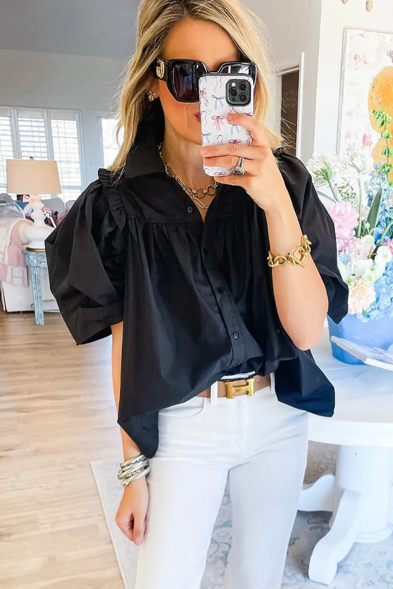 Black Ballon Sleeve Loose Blouse