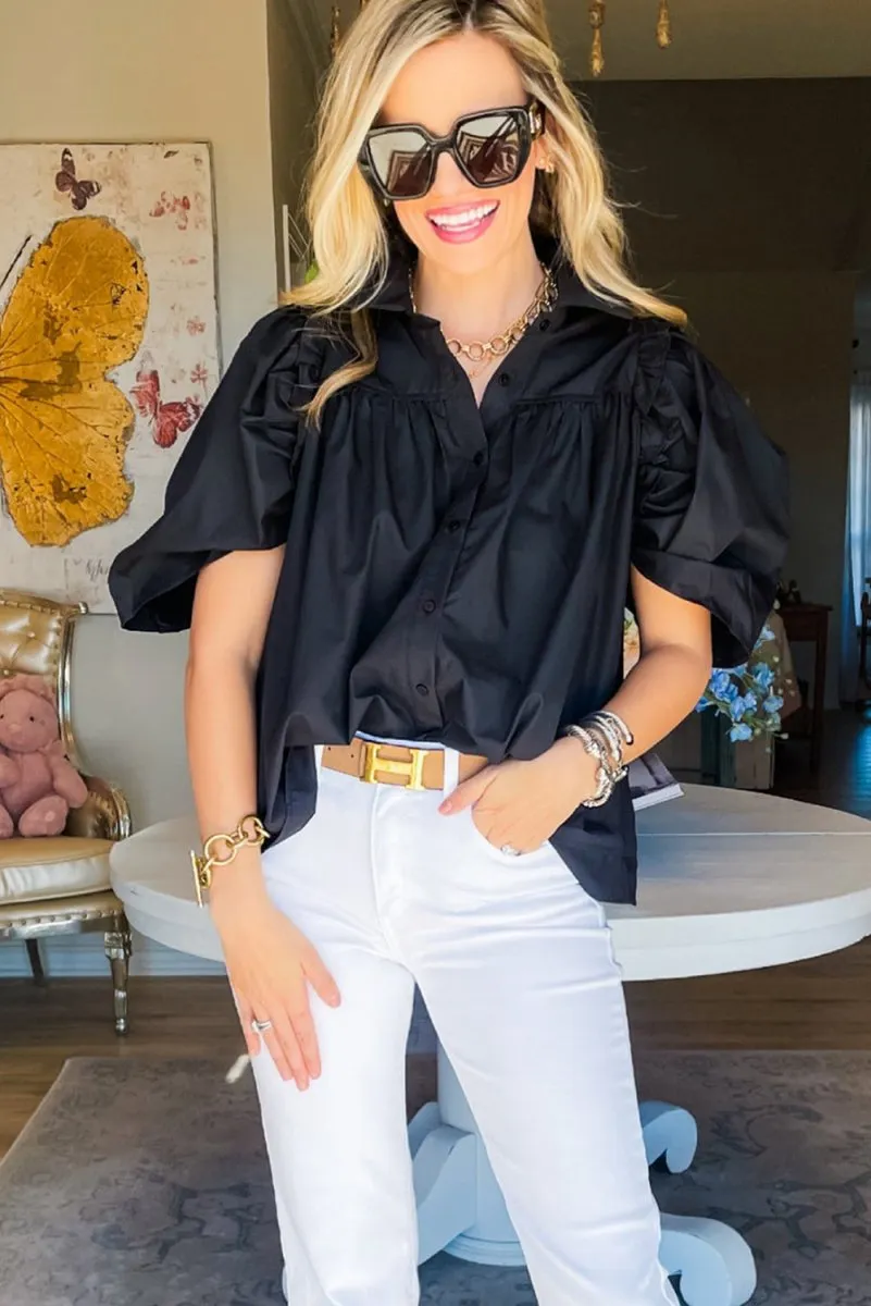 Black Ballon Sleeve Loose Blouse