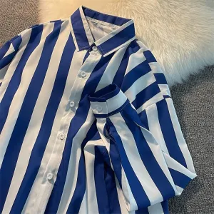 Blue white striped shirt women's spring autumn loose retro classical blouse niche designer long-sleeved shirts men elegant wear