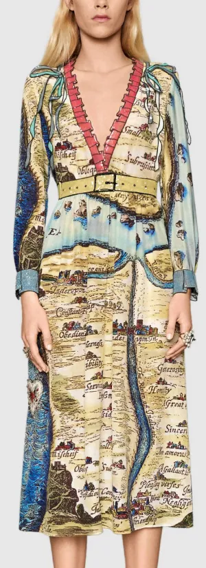 'Carte De Tendre' Map Printed Sequin Embellished Midi Dress