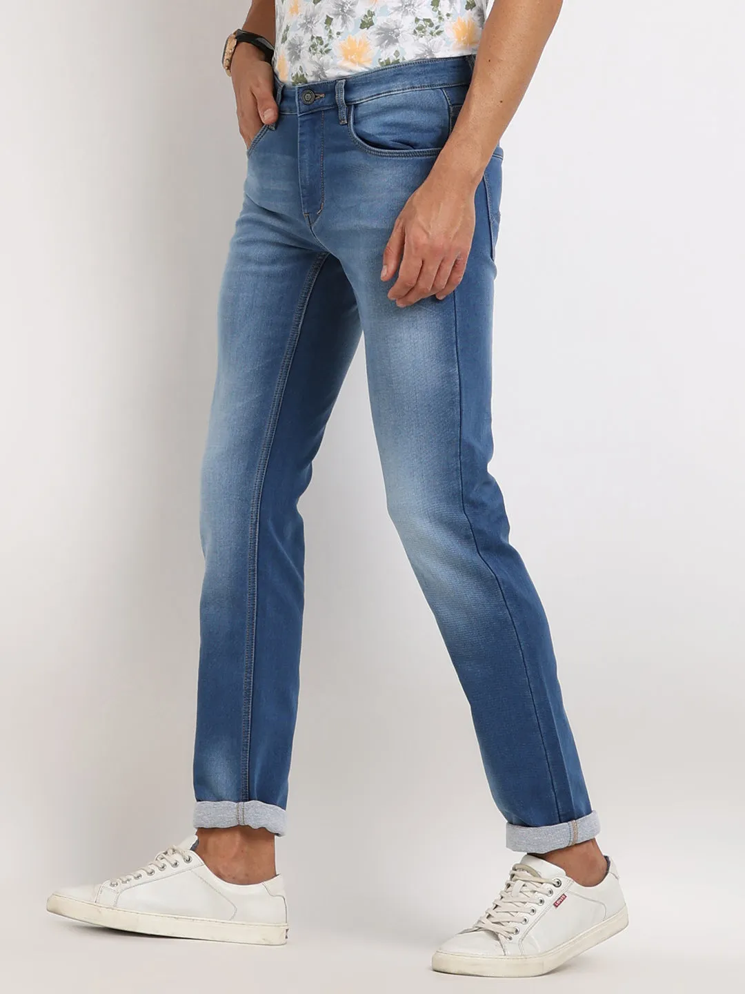 Cotton Stretch Sky Blue Plain Narrow Fit Flat Front Casual Jeans