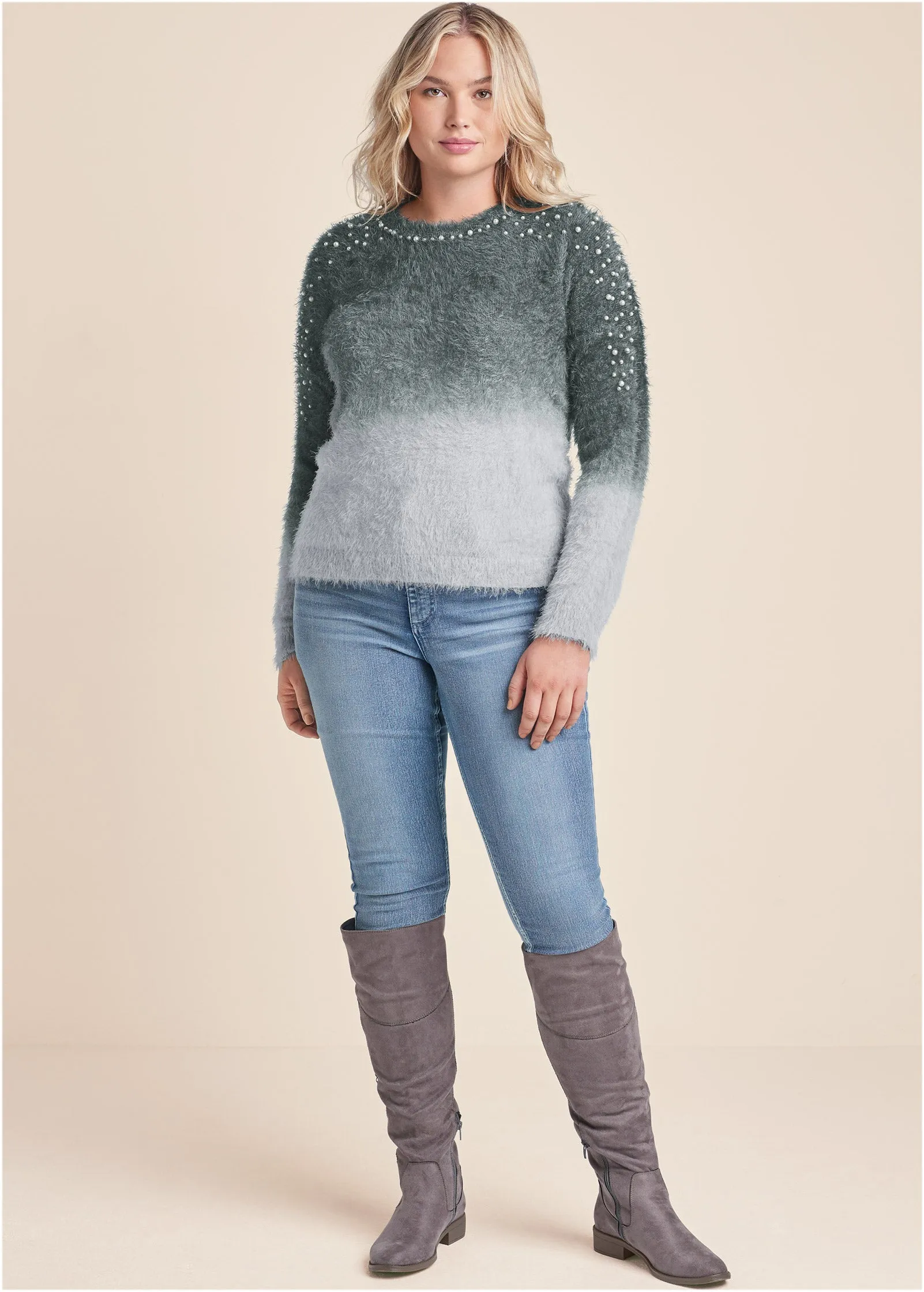 Cozy Pearl Trim Sweater - Grey Multi