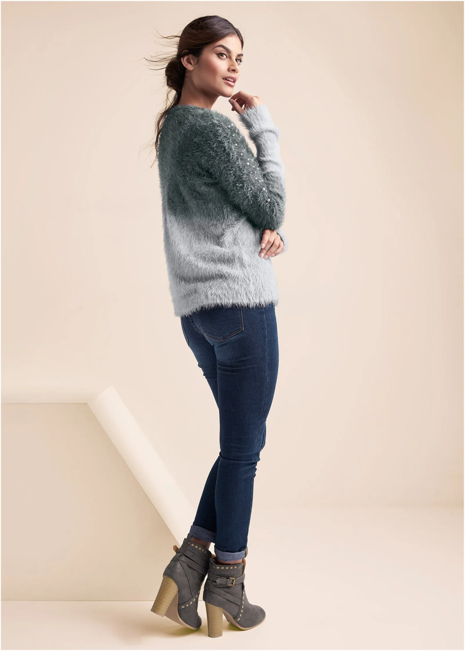 Cozy Pearl Trim Sweater - Grey Multi