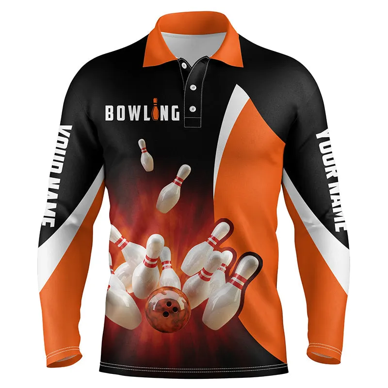 Custom Bowling Shirts Retro Black Multicolor Bowling Long Sleeve Polo Shirts For Men, Bowling Team Jersey