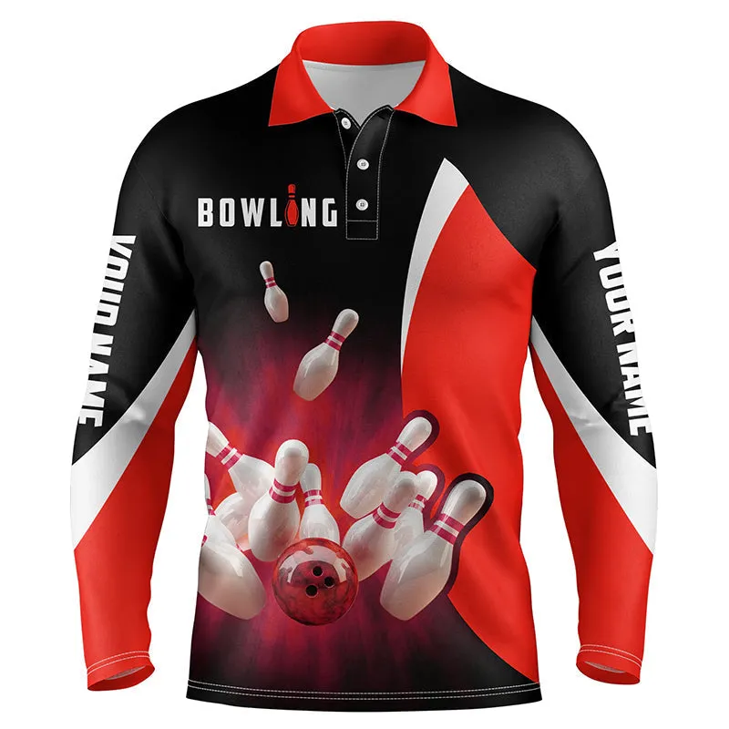 Custom Bowling Shirts Retro Black Multicolor Bowling Long Sleeve Polo Shirts For Men, Bowling Team Jersey