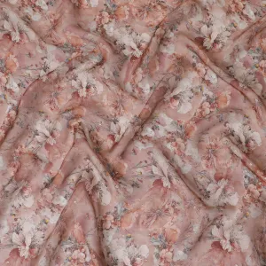 Dusty Rose Floral Synthetic Organza Fabric - 110 cm Width, Made in India-D19636