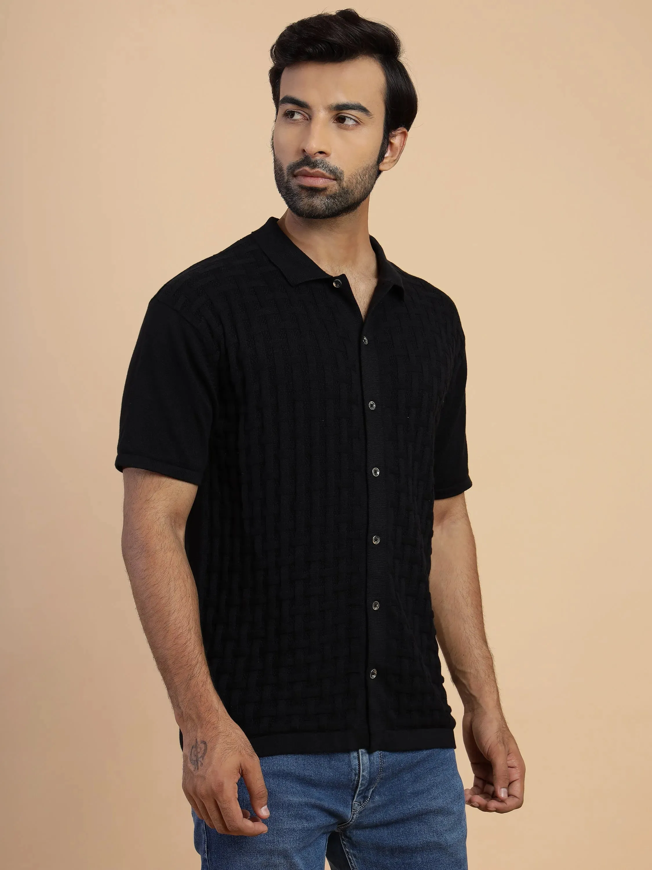 Elegant Black Knit Half Sleeve Men's Shirt