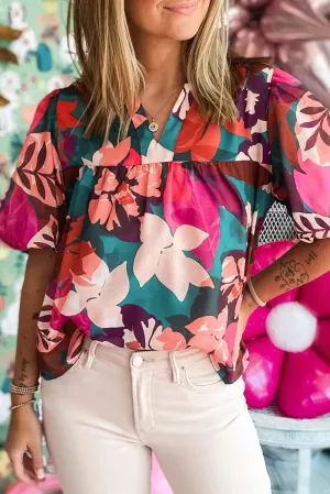 Floral Rose Red Notched Blouse