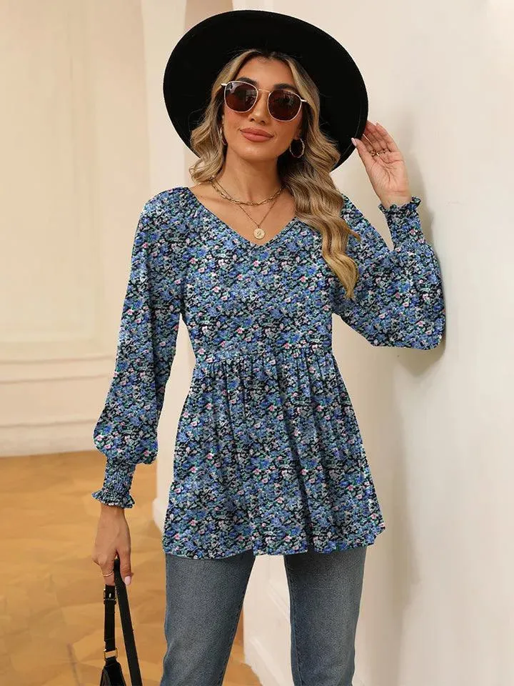 Floral V-Neck Blouse with Lantern Sleeves - Shop Now