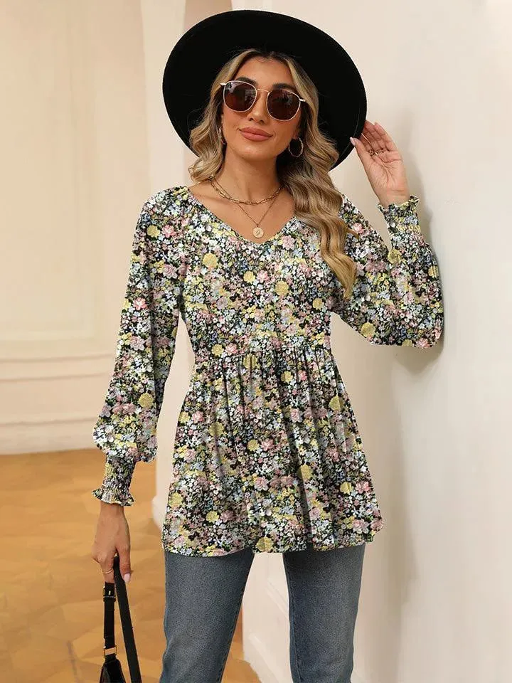 Floral V-Neck Blouse with Lantern Sleeves - Shop Now