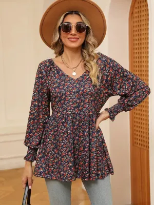 Floral V-Neck Blouse with Lantern Sleeves - Shop Now