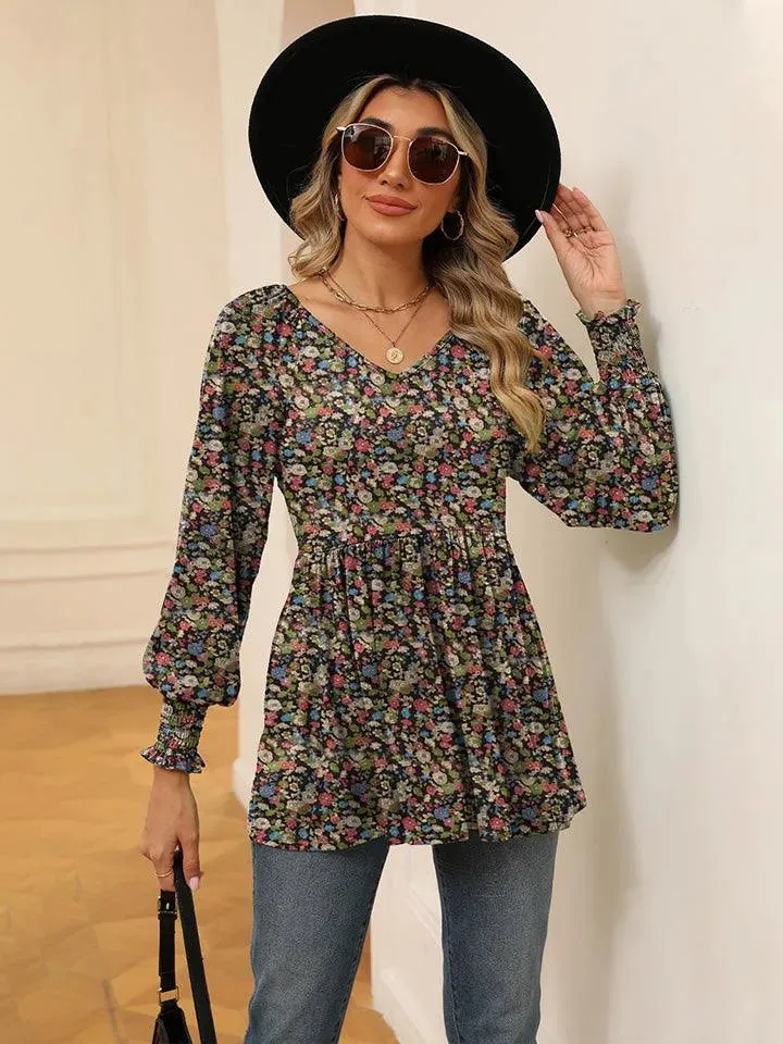 Floral V-Neck Blouse with Lantern Sleeves - Shop Now