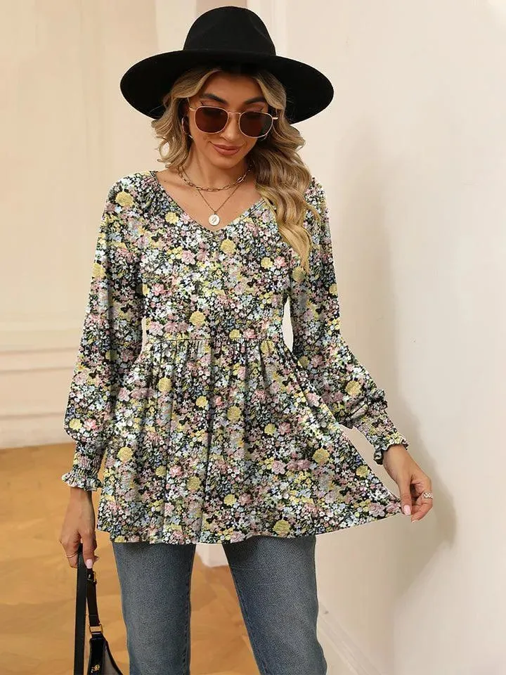 Floral V-Neck Blouse with Lantern Sleeves - Shop Now