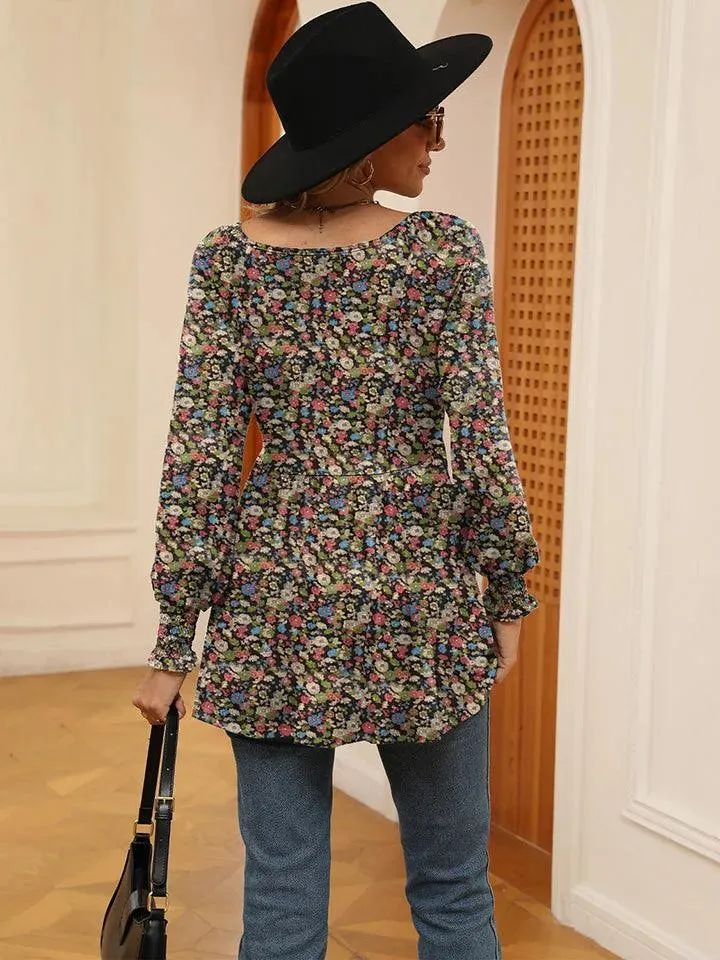 Floral V-Neck Blouse with Lantern Sleeves - Shop Now