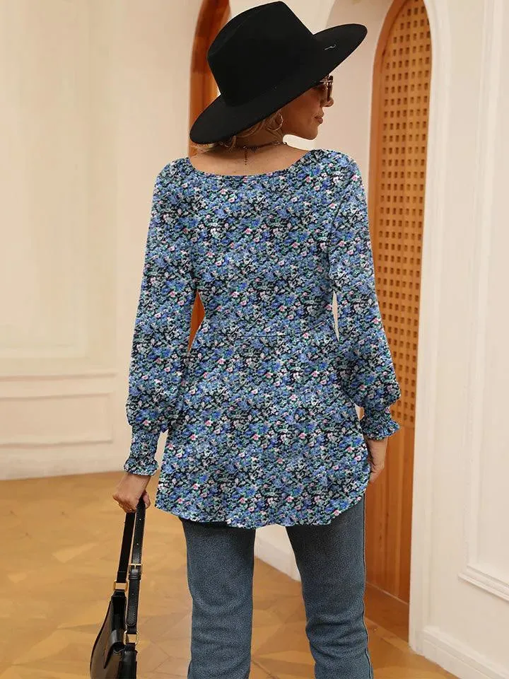 Floral V-Neck Blouse with Lantern Sleeves - Shop Now