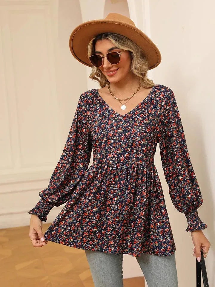 Floral V-Neck Blouse with Lantern Sleeves - Shop Now