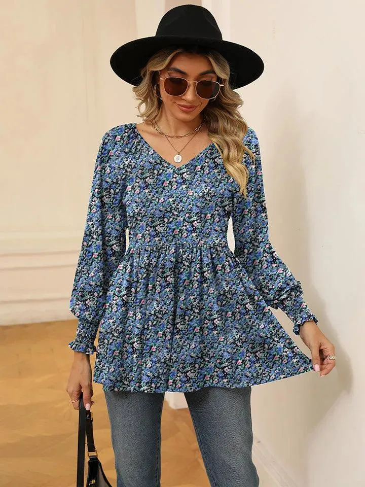 Floral V-Neck Blouse with Lantern Sleeves - Shop Now