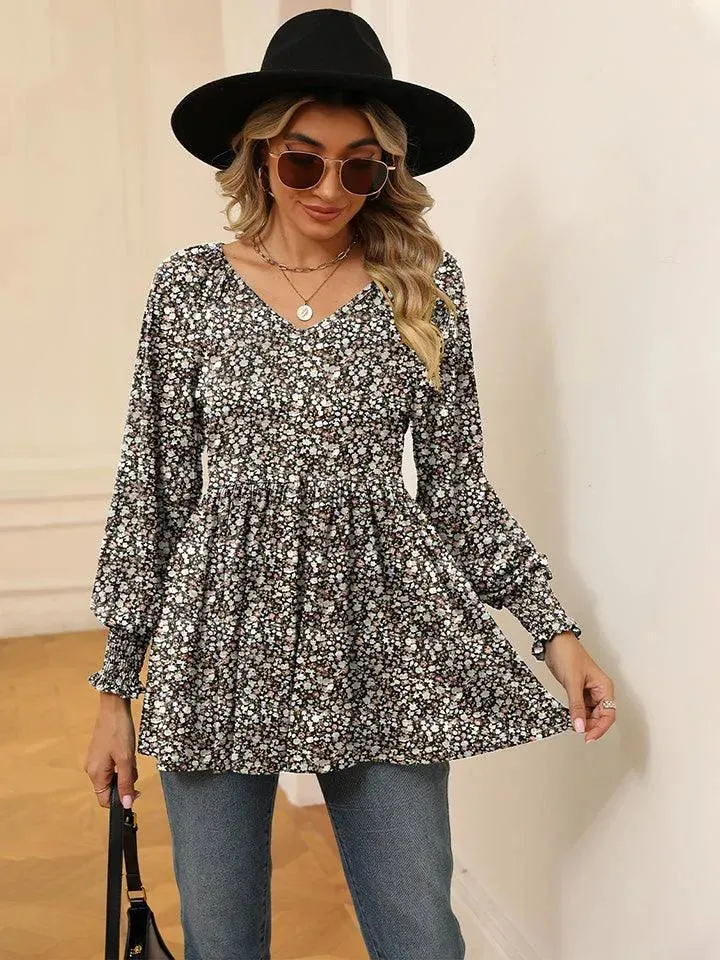 Floral V-Neck Blouse with Lantern Sleeves - Shop Now