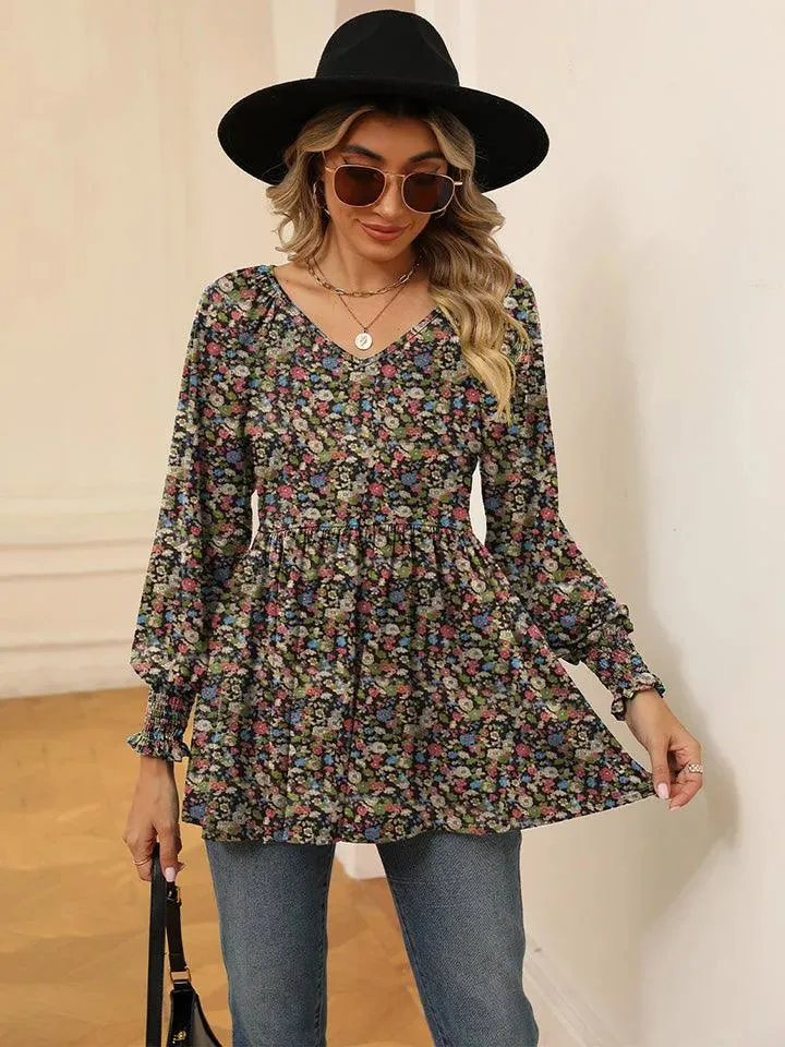 Floral V-Neck Blouse with Lantern Sleeves - Shop Now