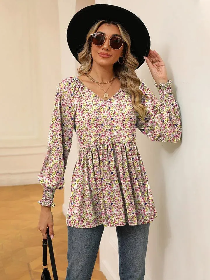 Floral V-Neck Blouse with Lantern Sleeves - Shop Now