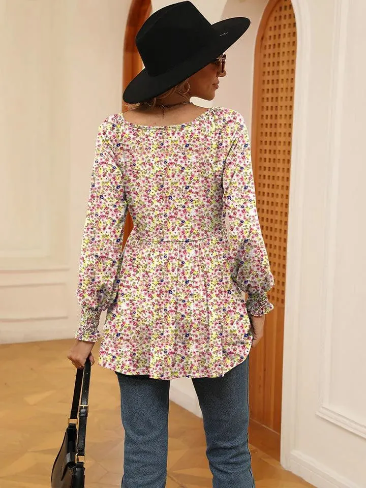 Floral V-Neck Blouse with Lantern Sleeves - Shop Now