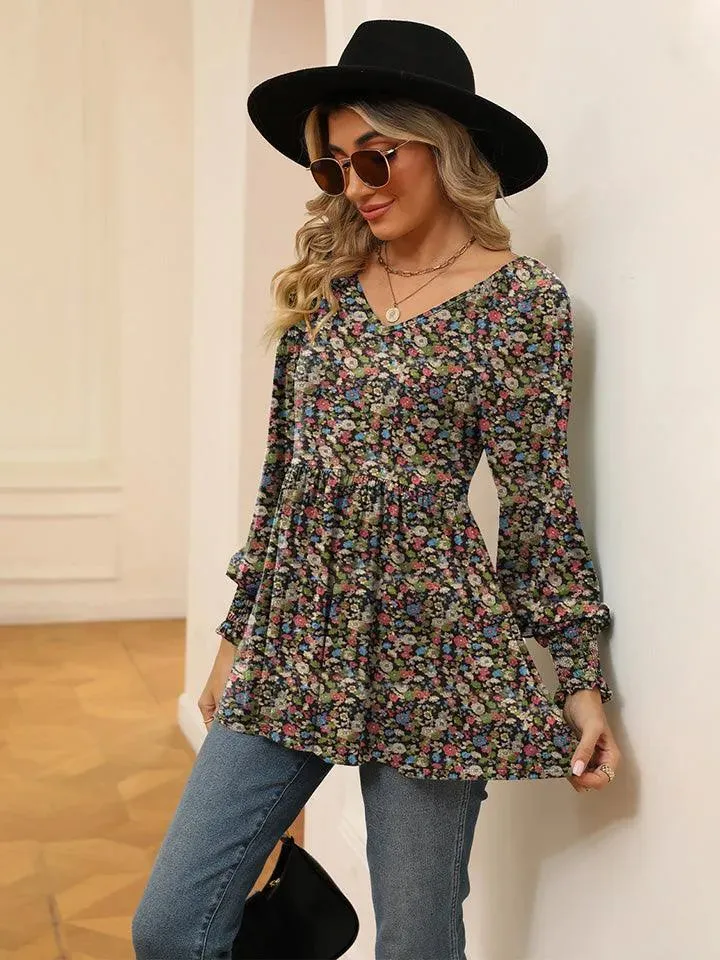 Floral V-Neck Blouse with Lantern Sleeves - Shop Now