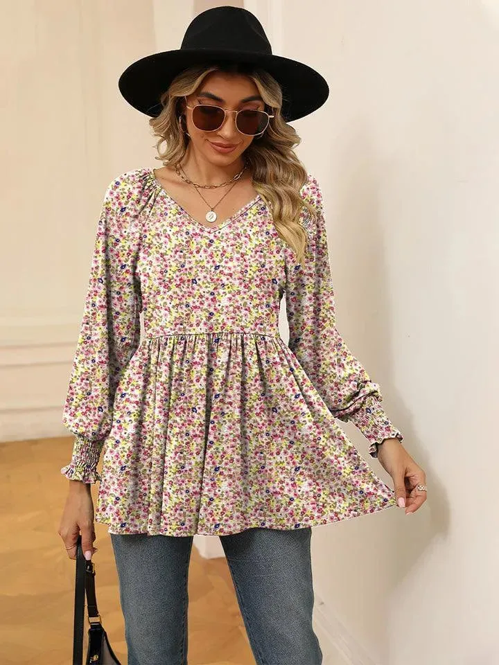 Floral V-Neck Blouse with Lantern Sleeves - Shop Now