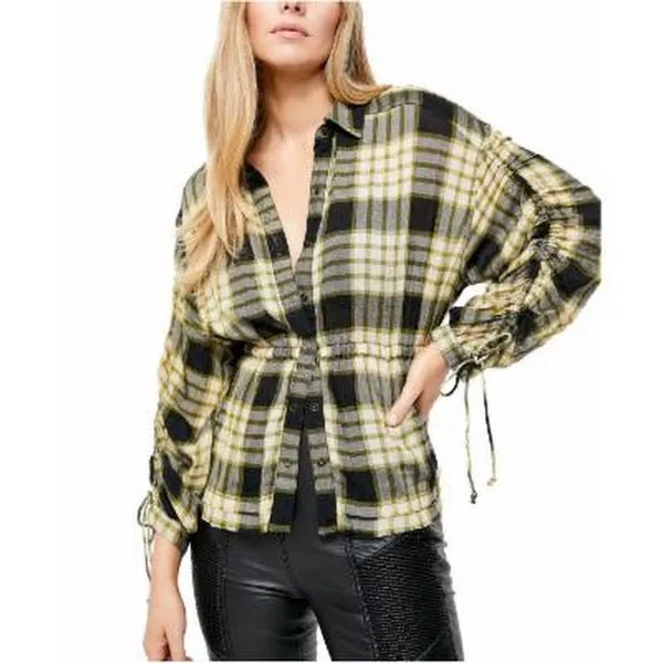 Free People Womens Plaid 3/4 Sleeve Collared Button up Top