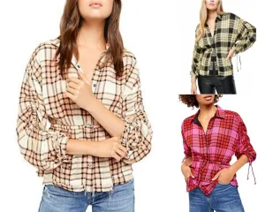 Free People Womens Plaid 3/4 Sleeve Collared Button up Top