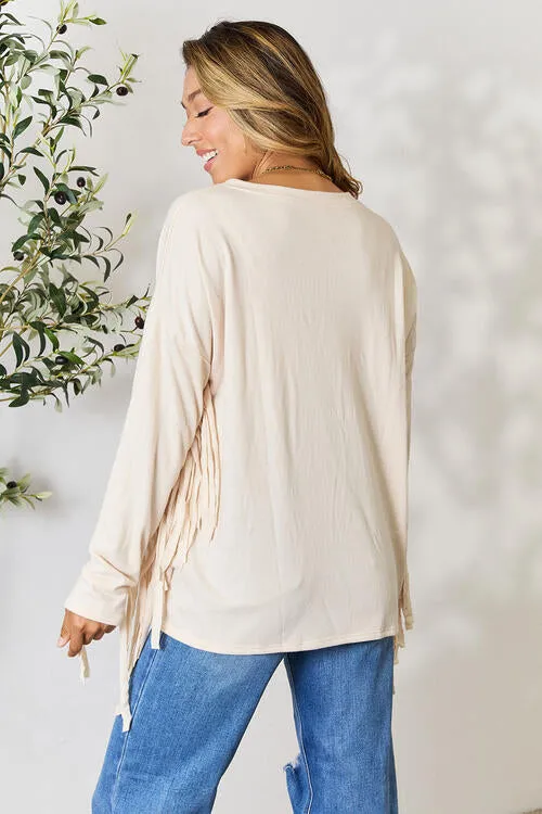 Full Size Fringe Detail Long Sleeve Blouse