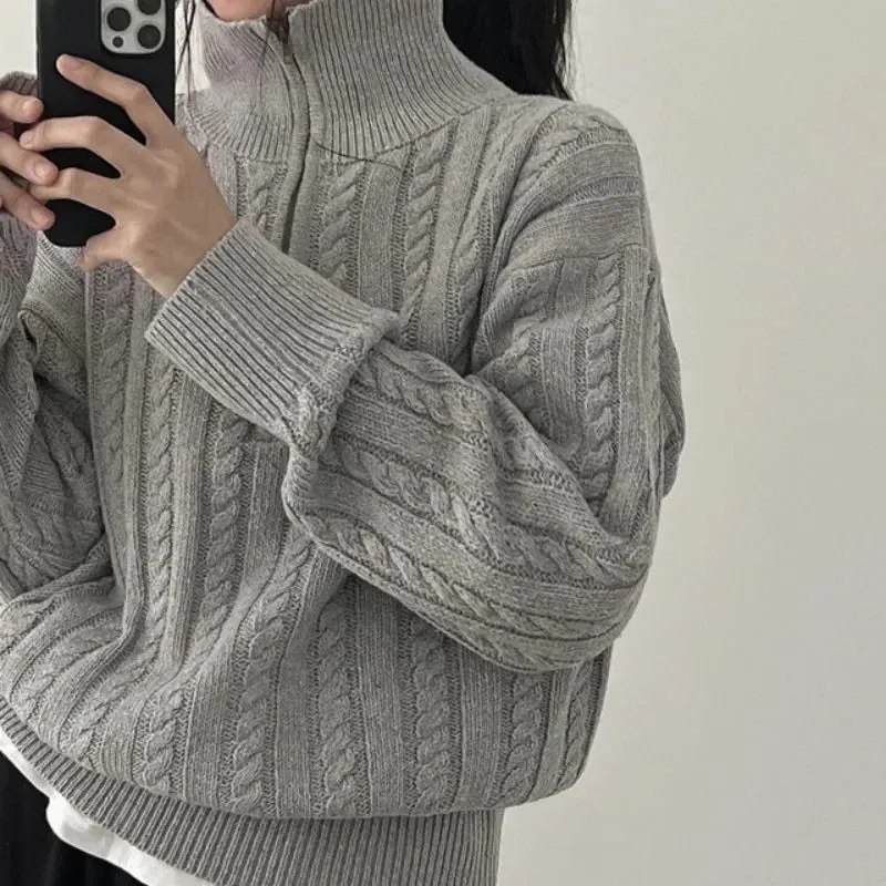 Girlary Vintage Half Zipper Women Sweaters Korean Fashion Long Sleeve Knitted Pullover Loose Casual Thermal Knitwear Autumn