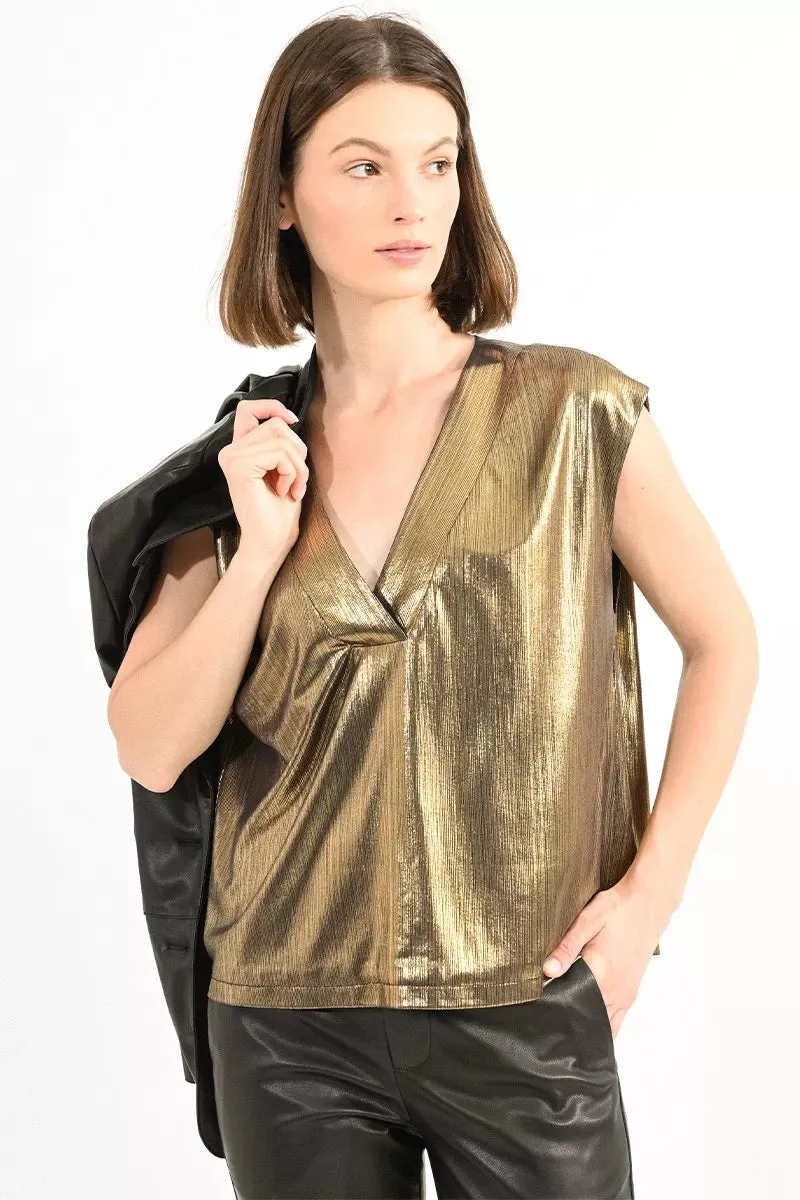 Gold V neck iridescent top