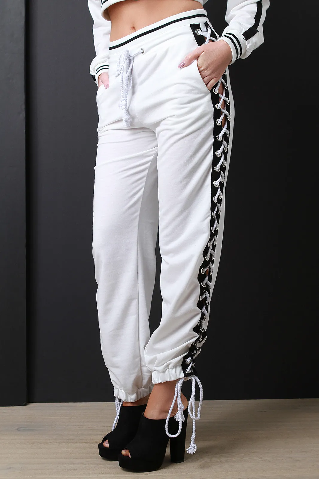 Grommet Lace-Up Striped Jogger Pants