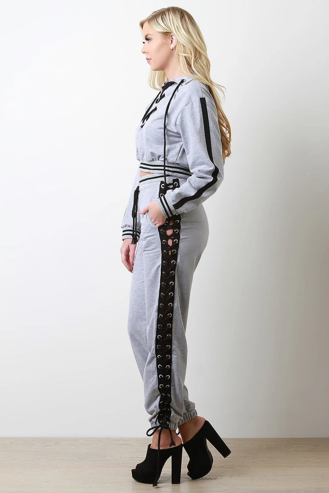 Grommet Lace-Up Striped Jogger Pants