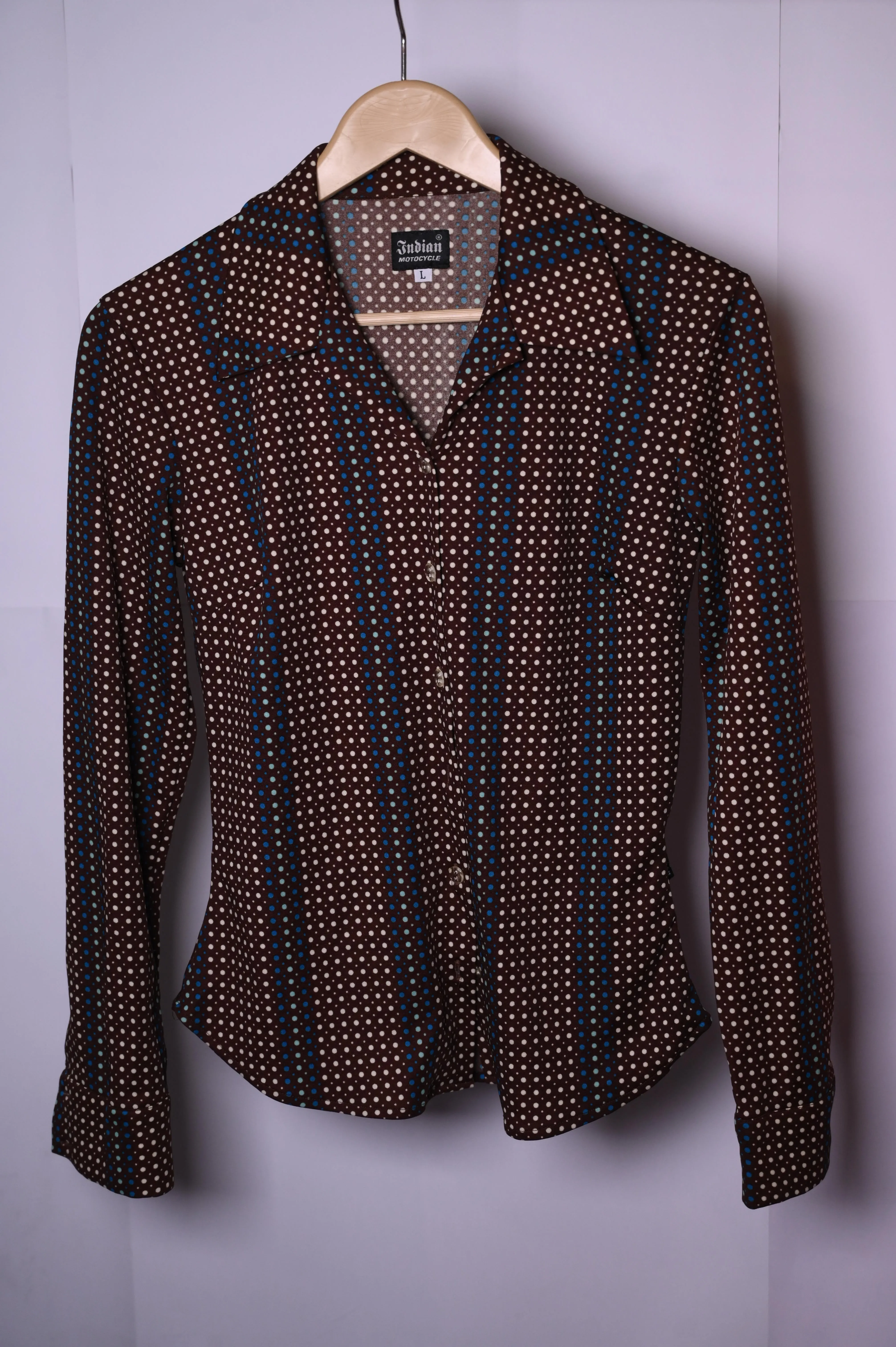 Indian Motorcycle Large Brown Button-Down Blouse with White Dots