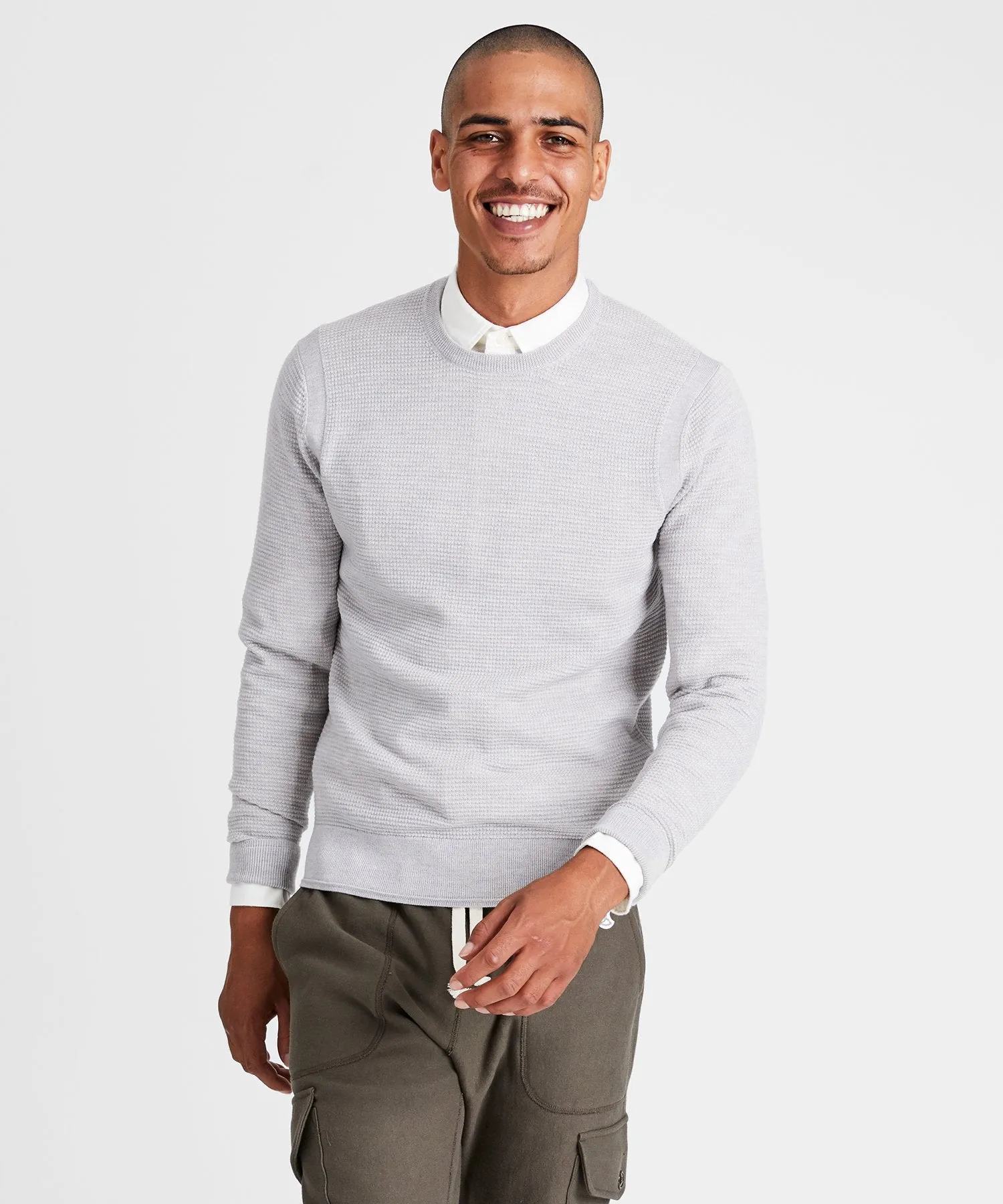 Italian Merino Waffle Crew Sweater in Dove Grey