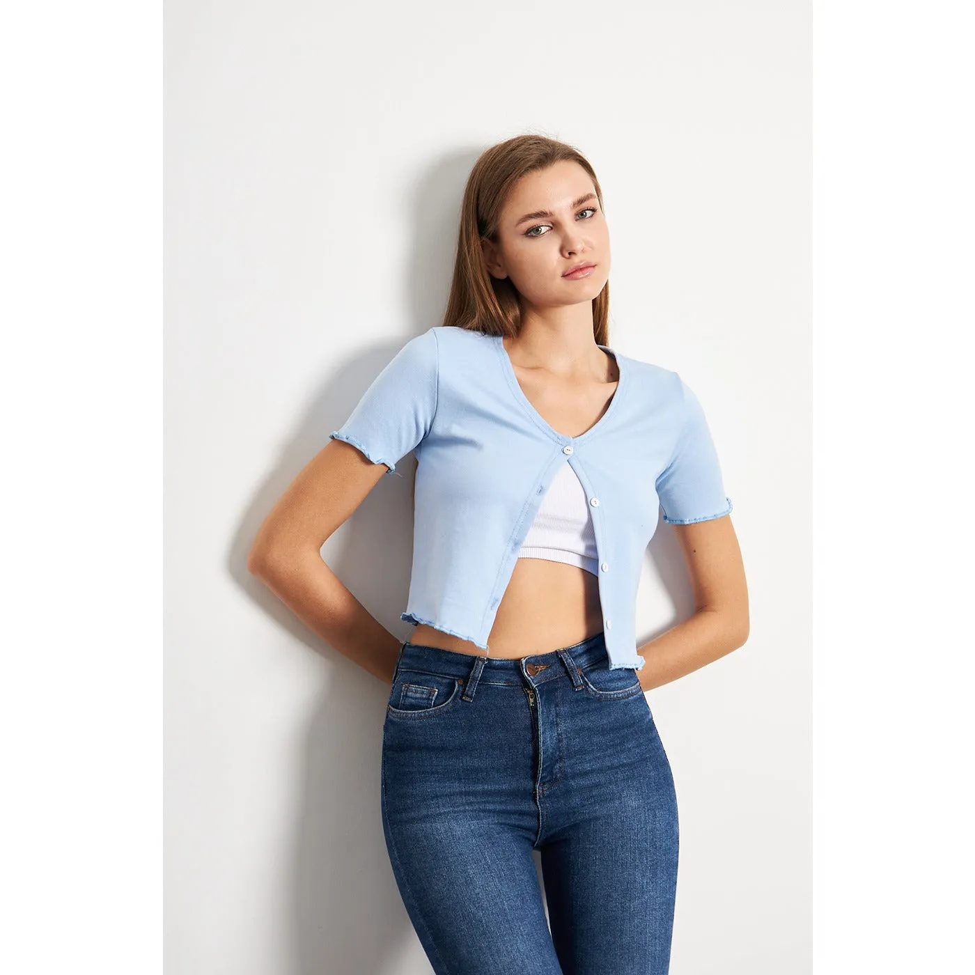 Light Blue Button Down Crop Top