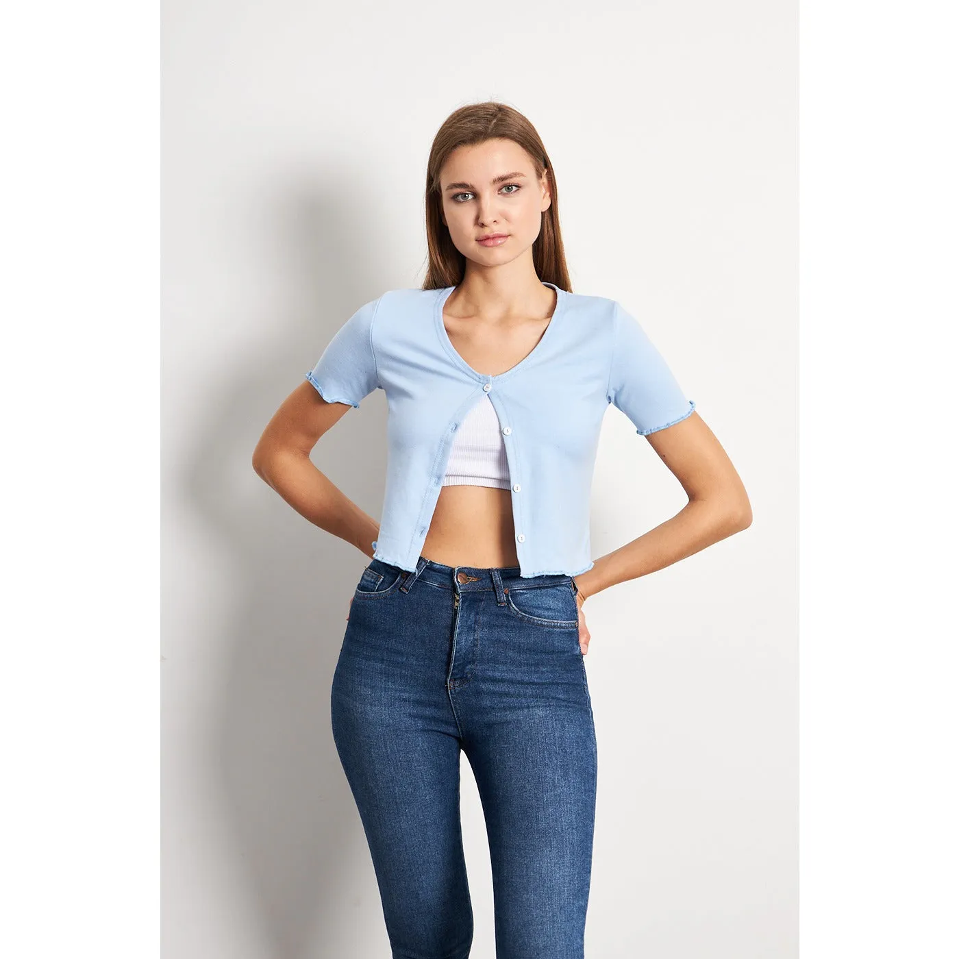 Light Blue Button Down Crop Top