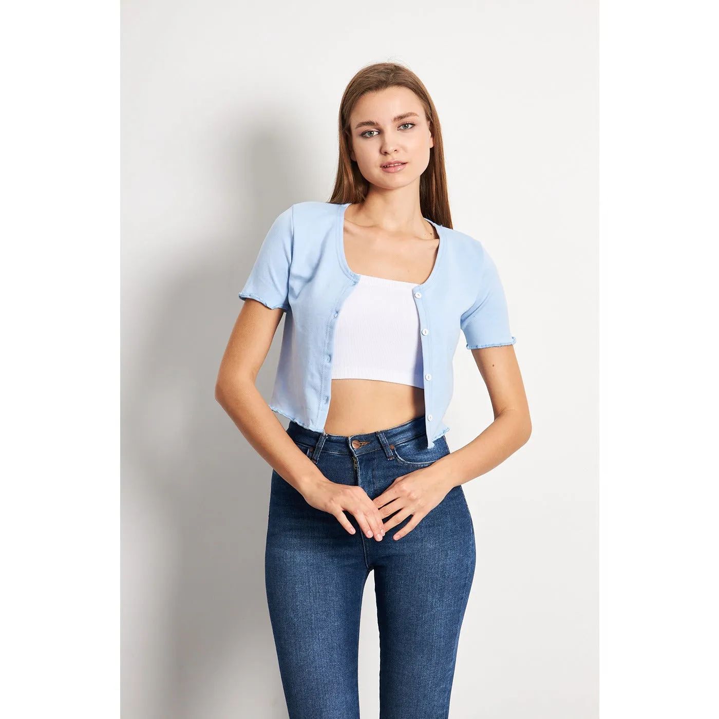 Light Blue Button Down Crop Top