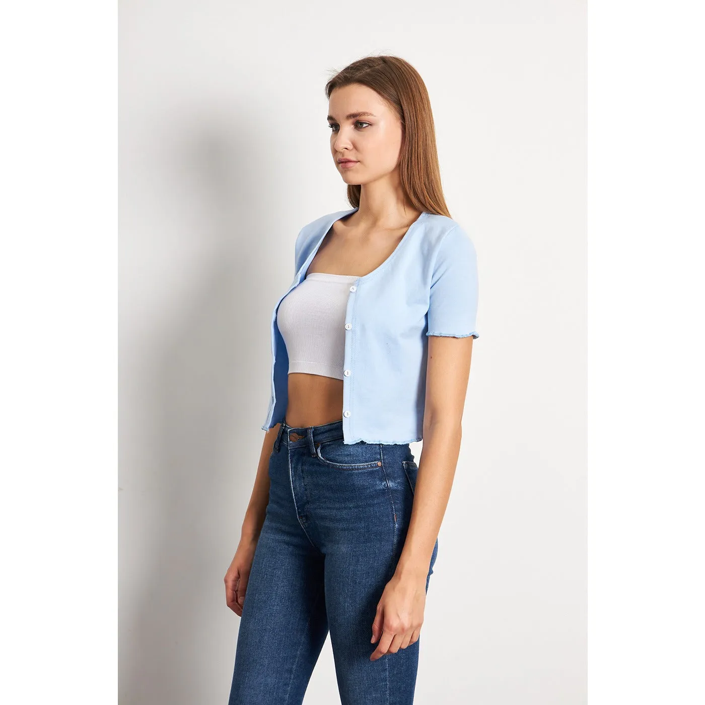 Light Blue Button Down Crop Top