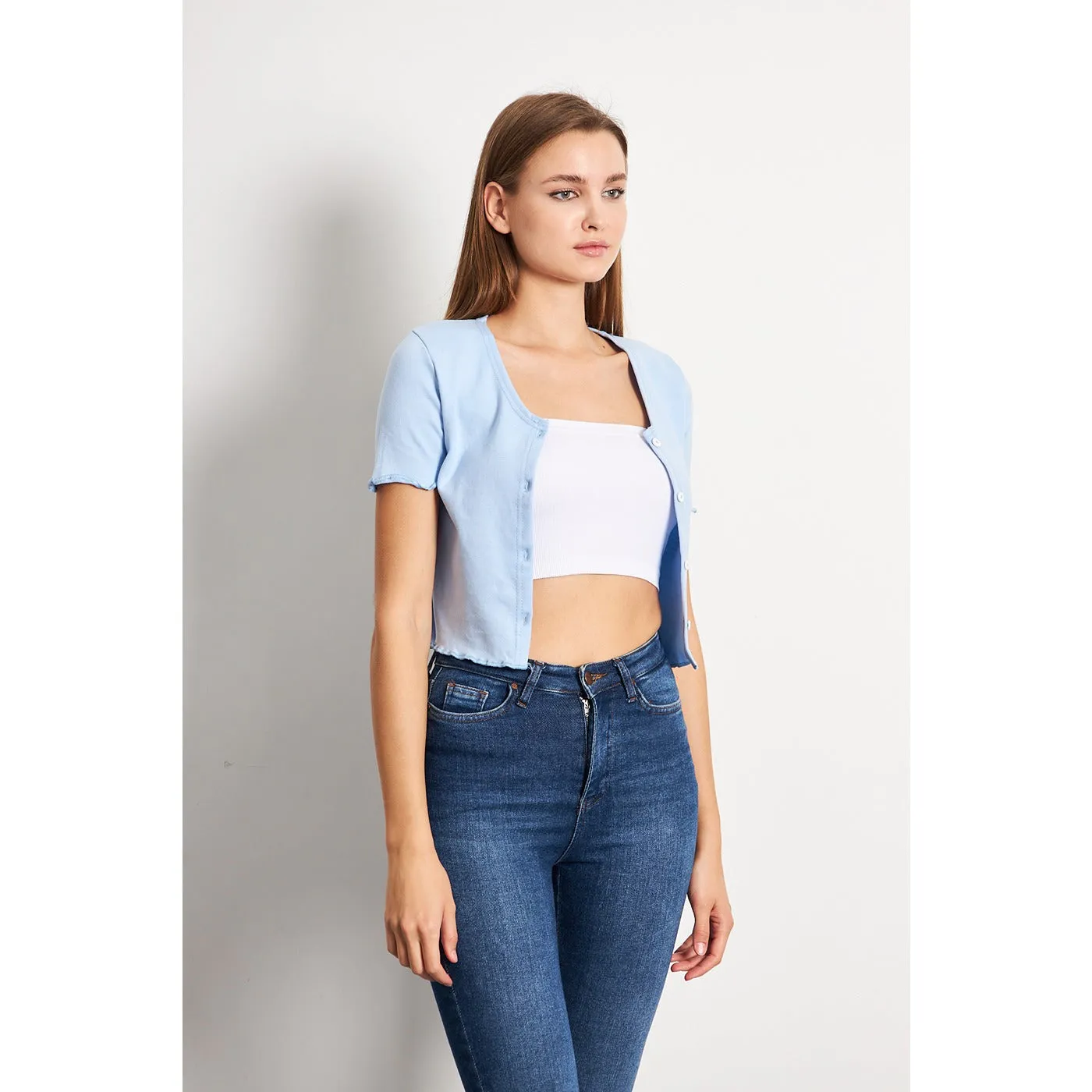 Light Blue Button Down Crop Top