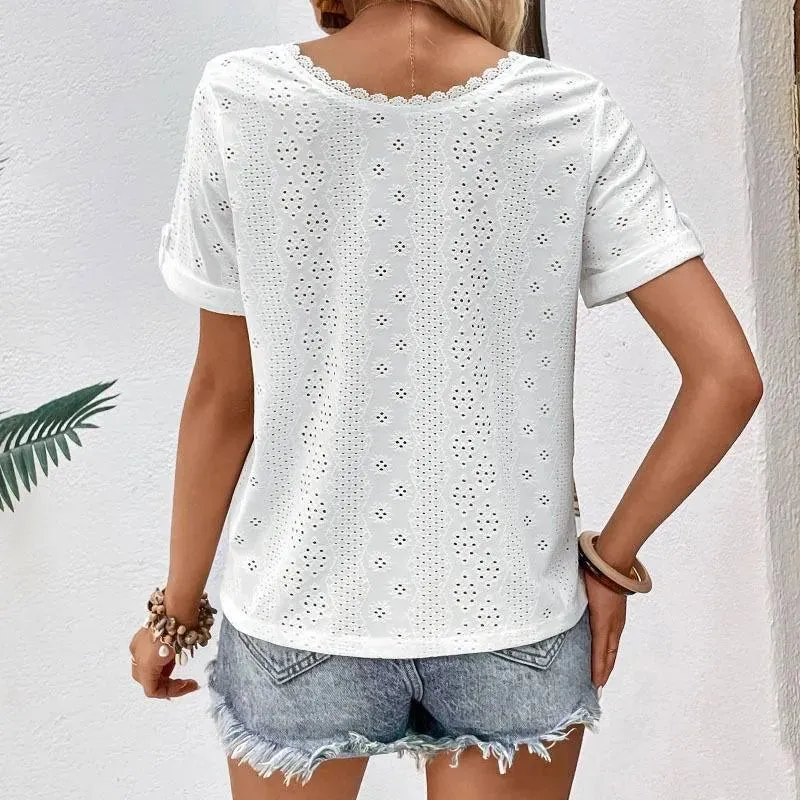 Look chic and stylish with our Lace Openwork V-Neck White Top - Order Today