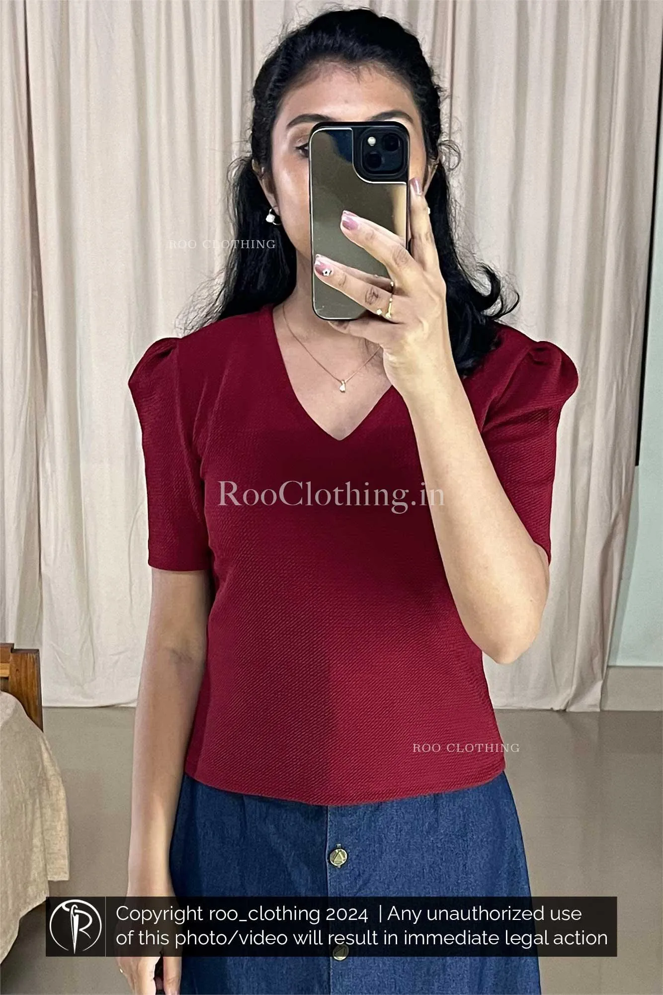 Maroon Shade V Neck Top With Puff Sleeves (Top Only)