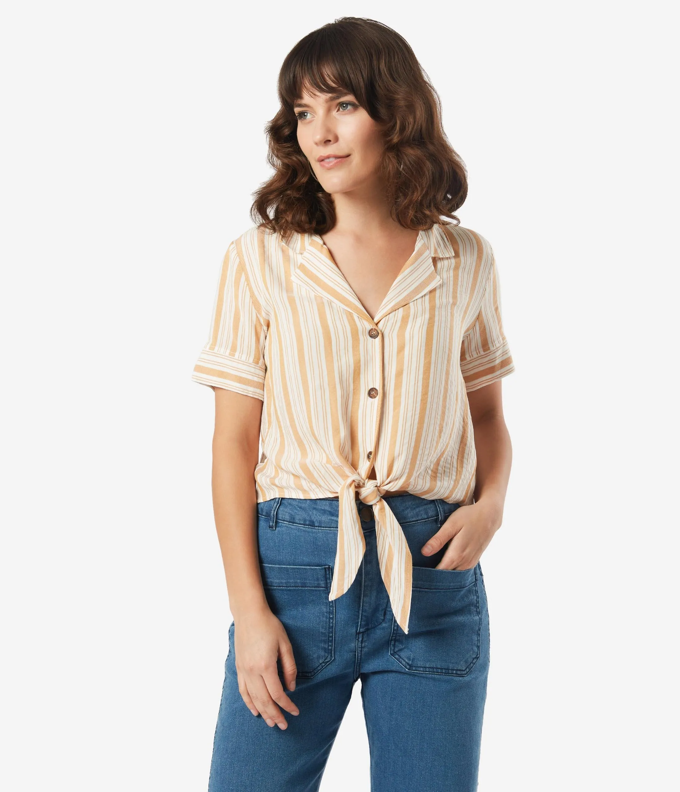 Mellow Yellow & Ivory Stripe Front Tie Blouse