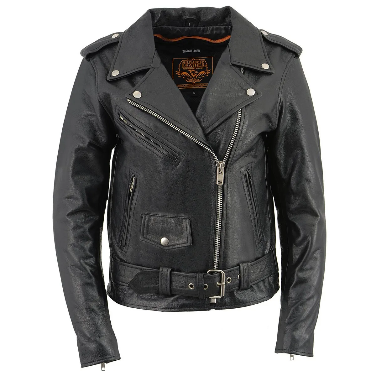 Milwaukee Leather LKL2701 Women's Classic Black Premium Leather Motorcycle Rider Jacket with Built-In Belt