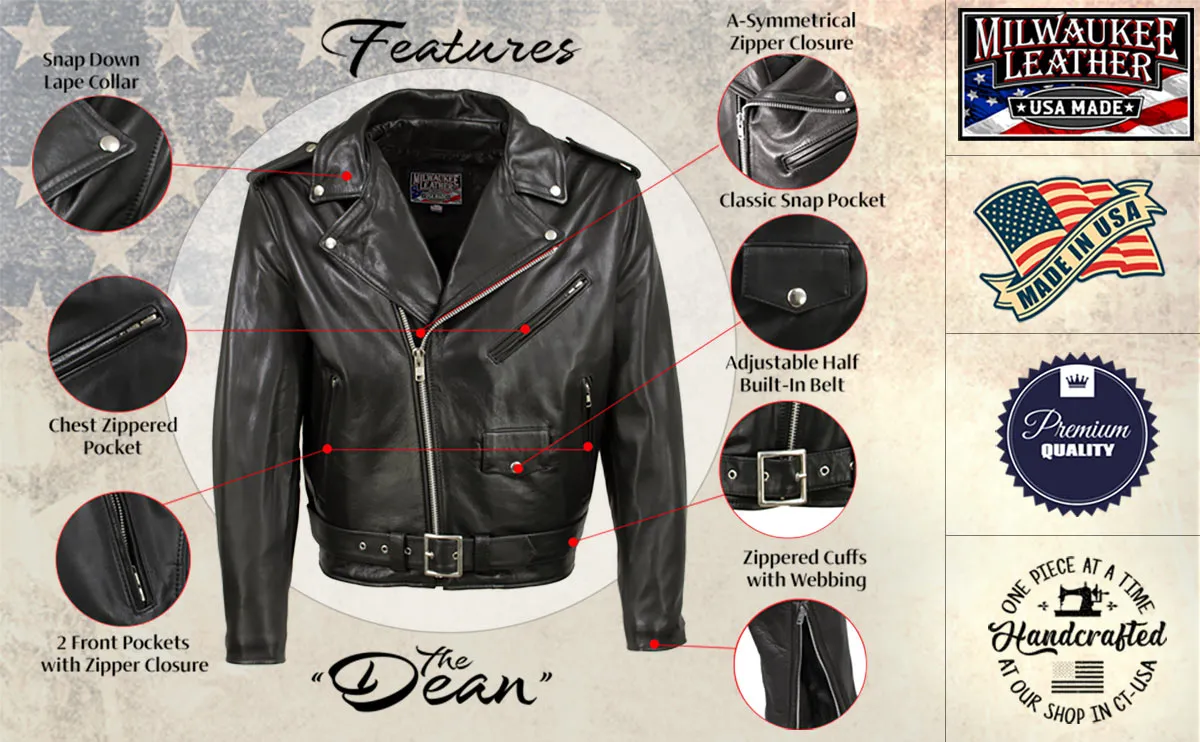 Milwaukee Leather USA MADE MLJKM5009 Men's Black 'The Dean' Premium Leather Throwback Motorcycle Jacket