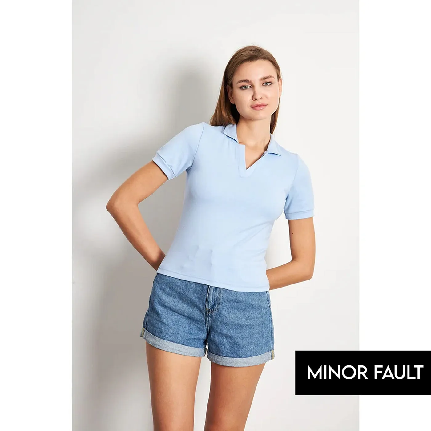 (Minor Fault) Light Blue Rib Knit Polo