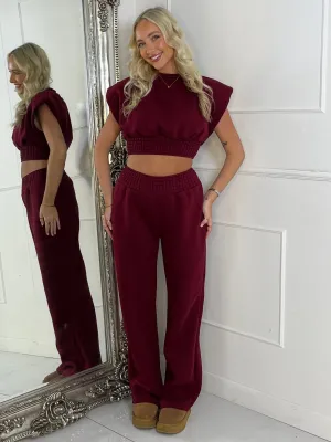 Padded Shoulder Top & Wide Leg Pants Tracksuit - Wine